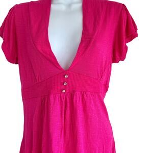 Vintage Y2K Babydoll Ribbed‎ Top Hot Pink Rhinestones Size L Preppy Coquette